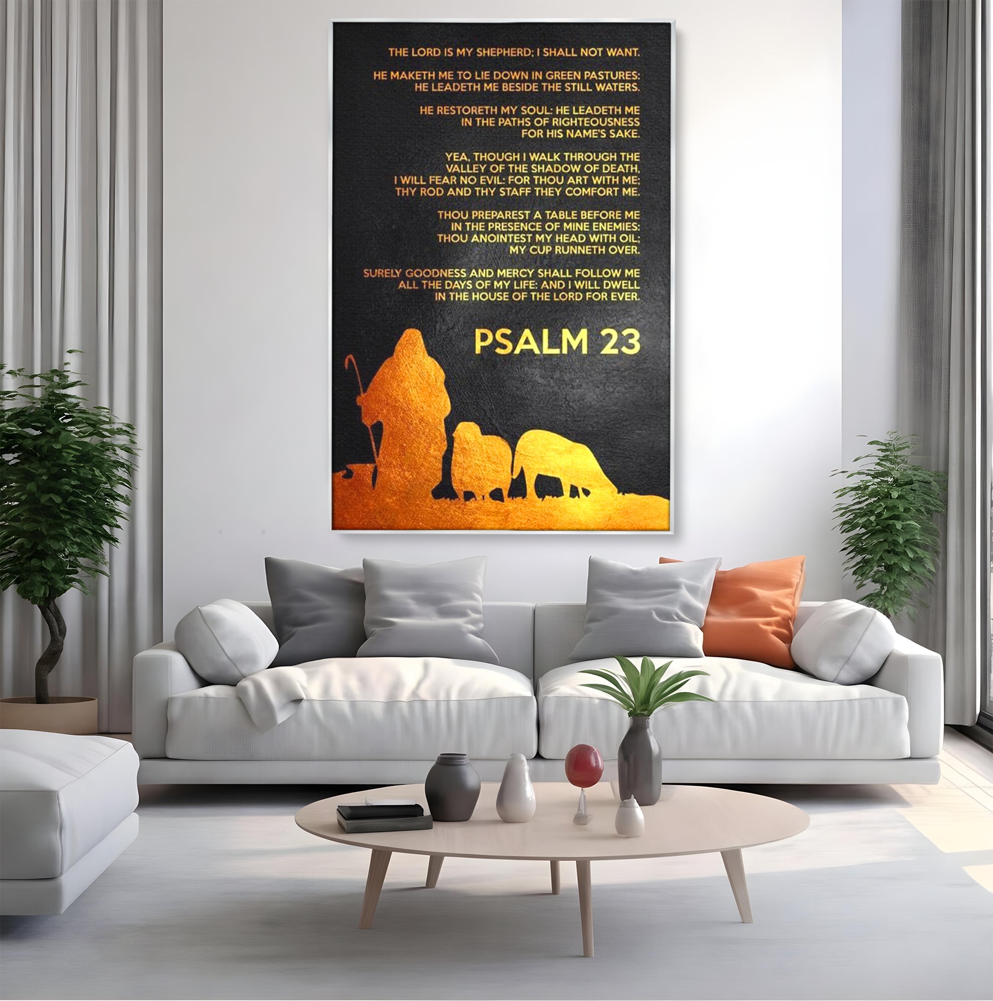 Tablou canvas cu tablou canvas cu psalm si silueta aurie, in rama de aluminiu argintiu, pe perete intr-un living